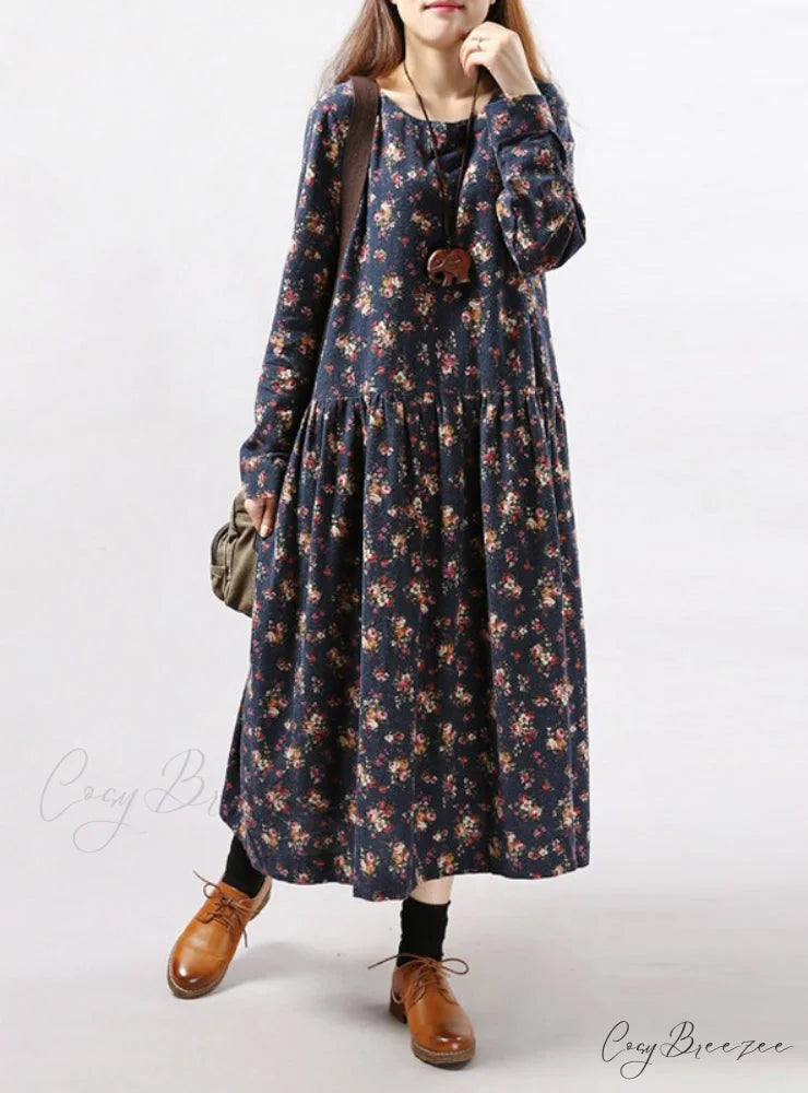 Vintage Floral Print Dress with Long Sleeves and O Neck for Women with Pockets M / Blue