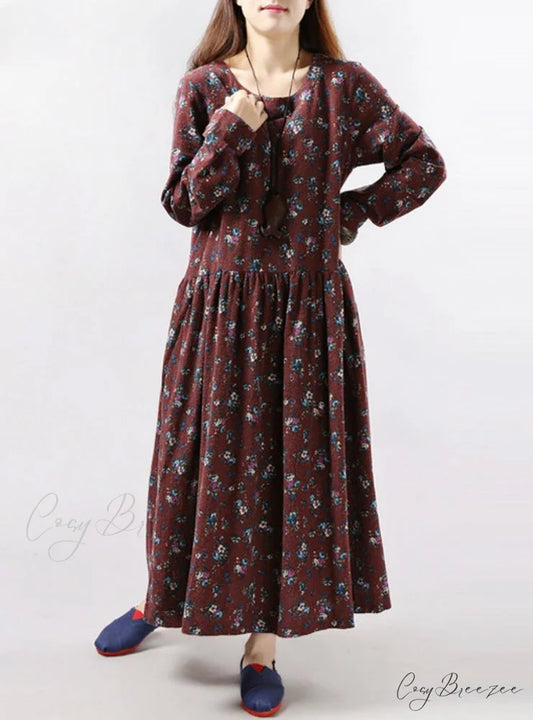 Vintage Floral Print Dress with Long Sleeves and O Neck for Women with Pockets M / Khaki