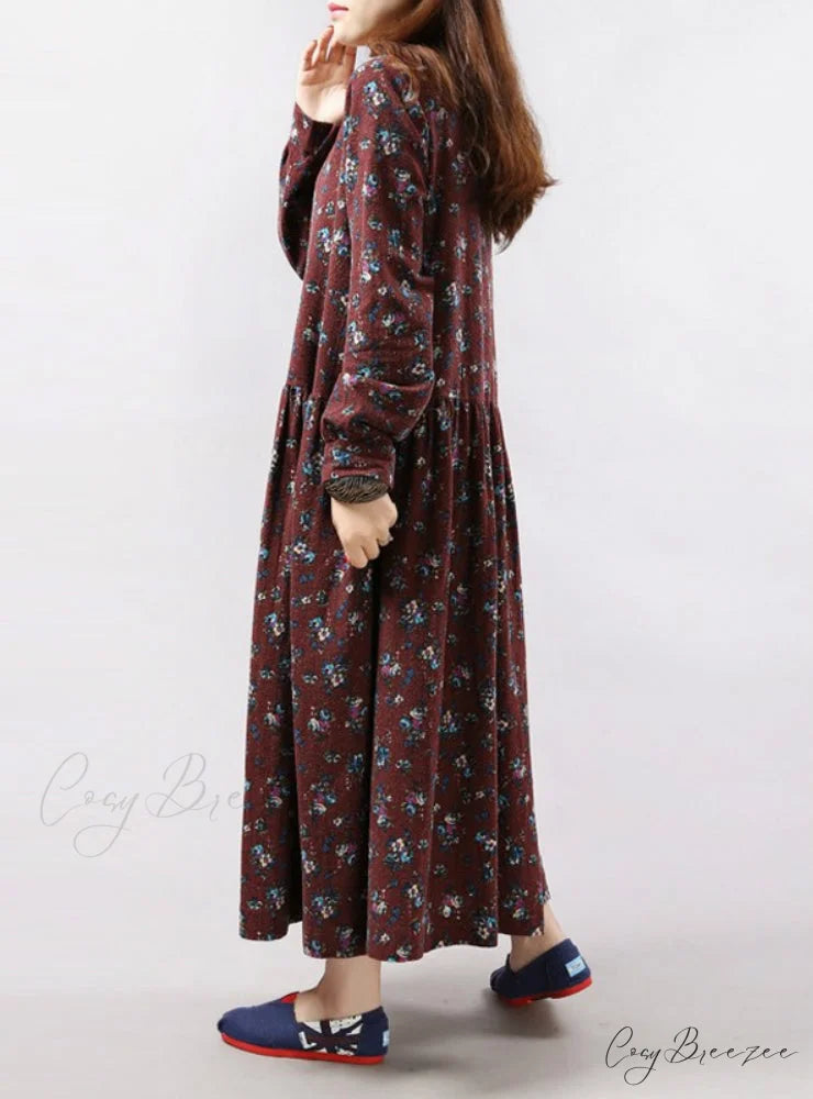 Vintage Floral Print Dress with Long Sleeves and O Neck for Women with Pockets M / Red