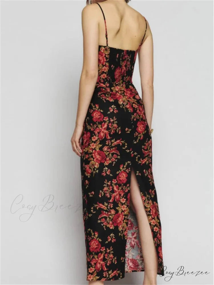 Vintage Floral Print for Women Sleeveless Spaghetti Strap Simmer Back Split Cocktail Party Vestidos