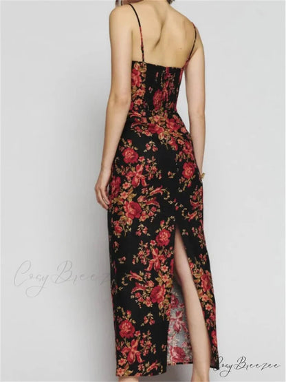 Vintage Floral Print for Women Sleeveless Spaghetti Strap Simmer Back Split Cocktail Party Vestidos