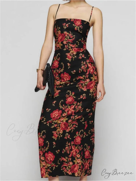 Vintage Floral Print for Women Sleeveless Spaghetti Strap Simmer Back Split Cocktail Party Vestidos BLACK / S