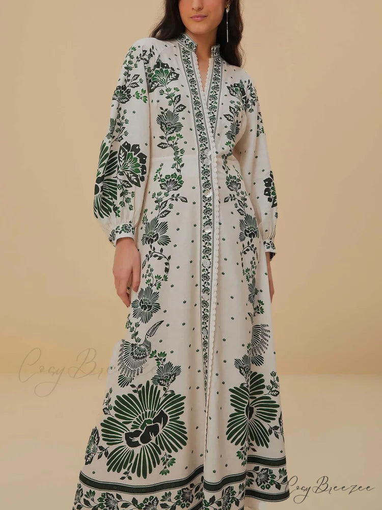 Vintage Floral Print Lantern Graceful Long Sleeve Midi Dress
