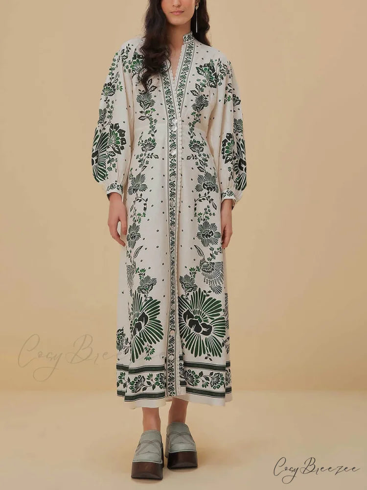 Vintage Floral Print Lantern Graceful Long Sleeve Midi Dress