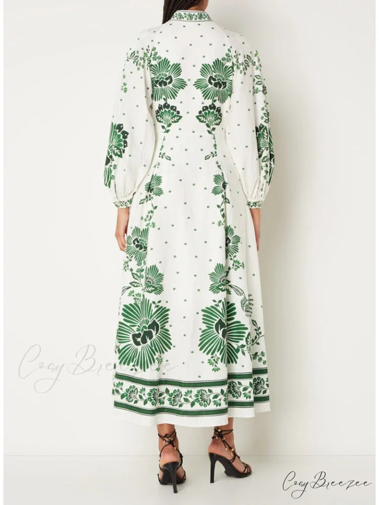 Vintage Floral Print Lantern Graceful Long Sleeve Midi Dress