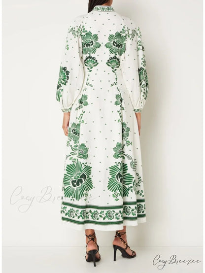 Vintage Floral Print Lantern Graceful Long Sleeve Midi Dress