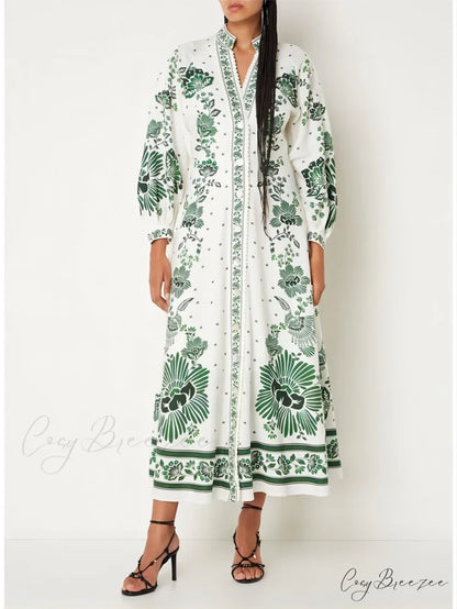 Vintage Floral Print Lantern Graceful Long Sleeve Midi Dress White / S