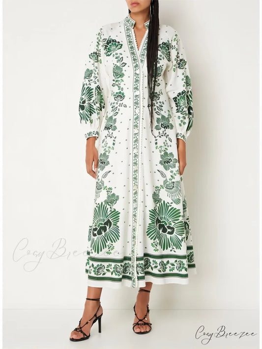 Vintage Floral Print Lantern Graceful Long Sleeve Midi Dress White / S