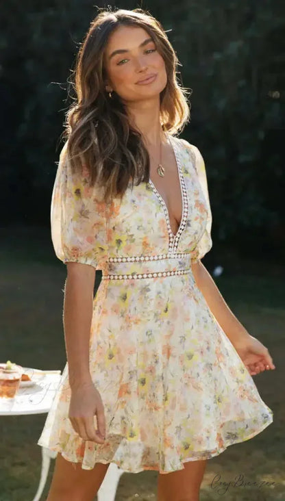 Vintage Floral Print Long Sleeve Hollow Out Sexy V-neck Mini Boho Dress bohodress-250126