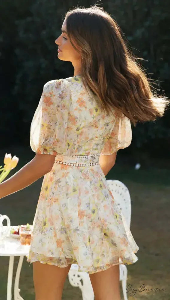 Vintage Floral Print Long Sleeve Hollow Out Sexy V-neck Mini Boho Dress bohodress-250126