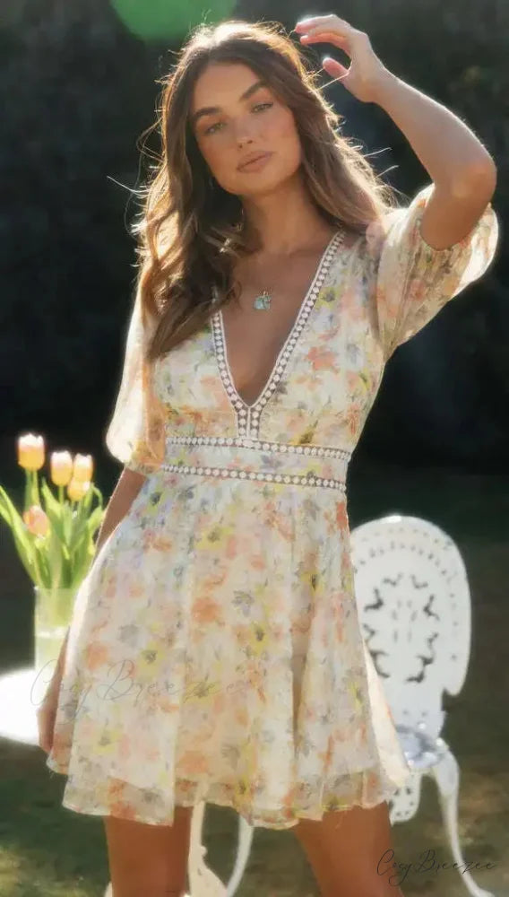 Vintage Floral Print Long Sleeve Hollow Out Sexy V-neck Mini Boho Dress bohodress-250126