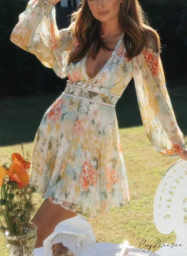 Vintage Floral Print Long Sleeve Hollow Out Sexy V-neck Mini Dress Beige / S bohodress-250126
