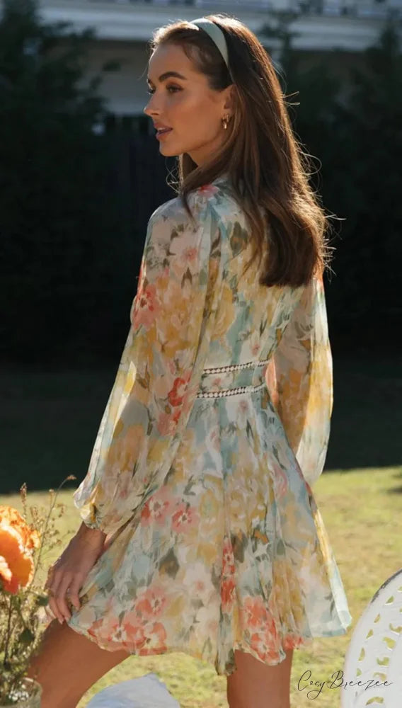 Vintage Floral Print Long Sleeve Hollow Out Sexy V-neck Mini Dress bohodress-250126