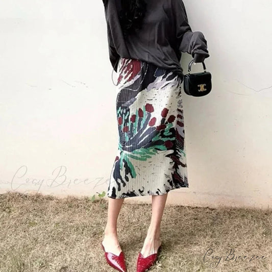 Vintage Floral Print Pleated Midi High Waist Slit A-Line Skirt Picture 1 / One Size skirt-250126