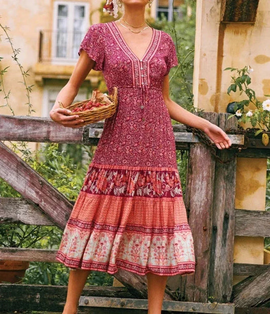 Vintage Floral Print Sashes Cross V-neck Maxi Boho Dress Red / S bohodress-250126