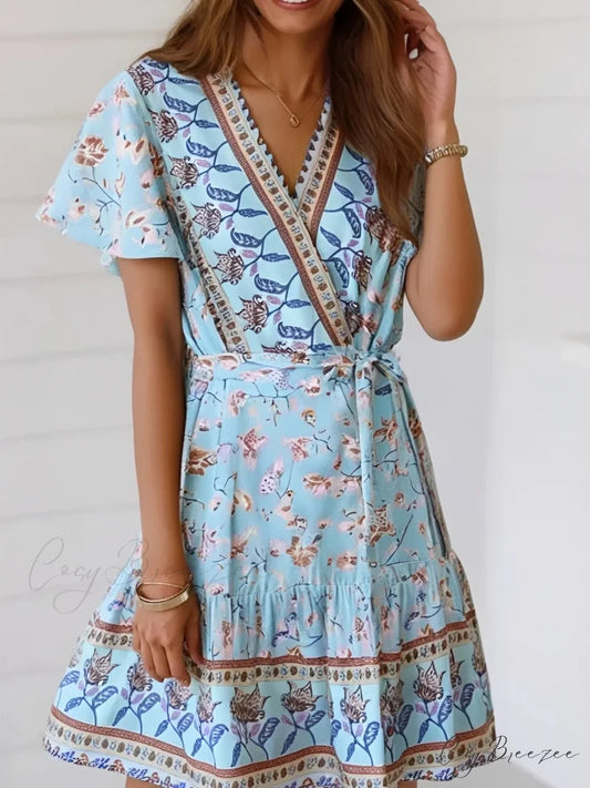 Vintage Floral Print Short Sleeve V-neck Alluring Mini Boho Dress green / S bohodress-250126