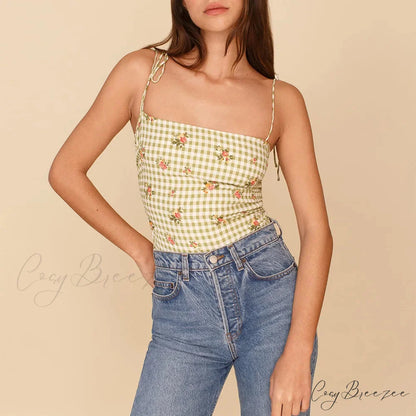 Vintage Floral Smocked Tie Strap Slim Fitted Crop Cami Top BEIGE / S croptop-250126