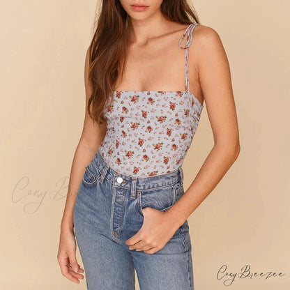 Vintage Floral Smocked Tie Strap Slim Fitted Crop Cami Top BLUE / S croptop-250126
