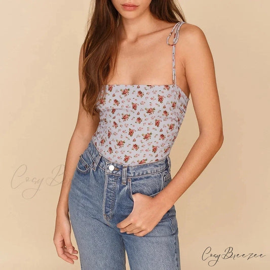 Vintage Floral Smocked Tie Strap Slim Fitted Crop Cami Top BLUE / S croptop-250126