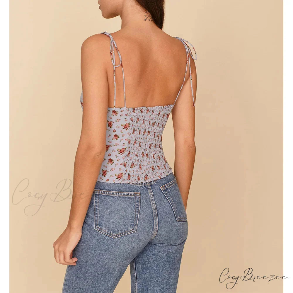 Vintage Floral Smocked Tie Strap Slim Fitted Crop Cami Top croptop-250126