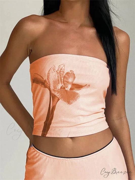 Vintage Floral Strapless Backless Party Crop Top ORANGE / S croptop-250126