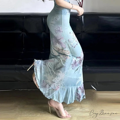 Vintage Flower Print Mesh Fishtail Slim Bodycon Y2K Skirt skirt-250126