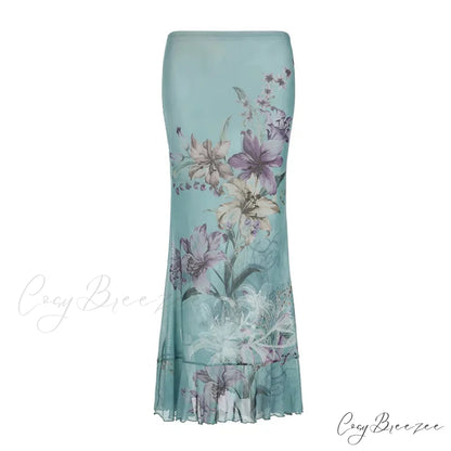 Vintage Flower Print Mesh Fishtail Slim Bodycon Y2K Skirt skirt / S skirt-250126