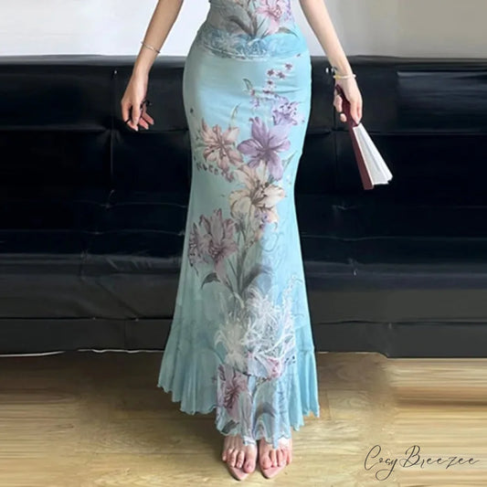 Vintage Flower Print Mesh Fishtail Slim Bodycon Y2K Skirt tops / S skirt-250126