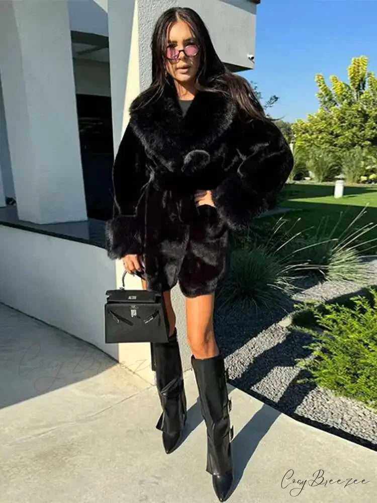 Vintage Fox Fur Belted Luxury Coat Black / L coats-241228