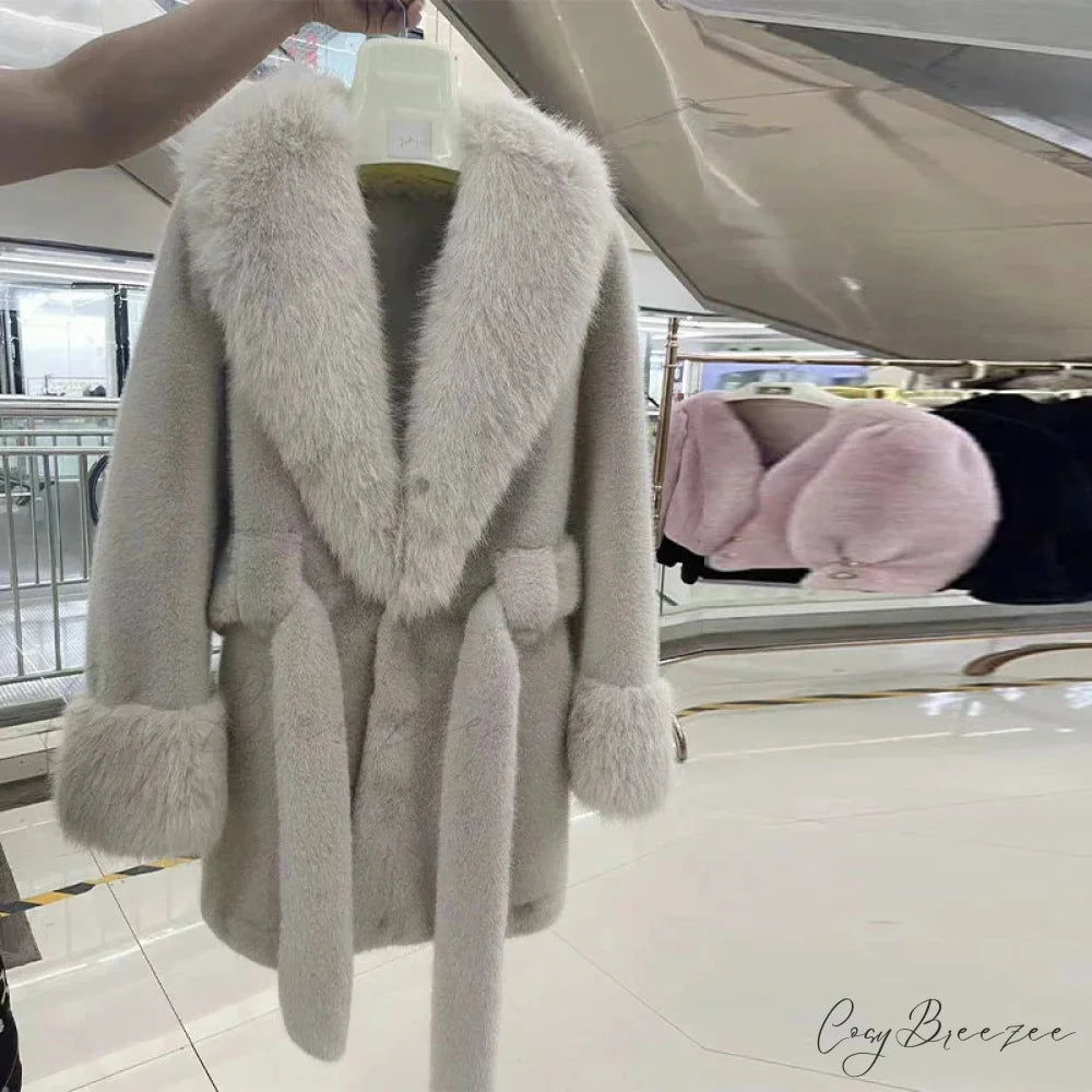 Vintage Fox Fur Belted Luxury Coat creamy-white / L coats-241228