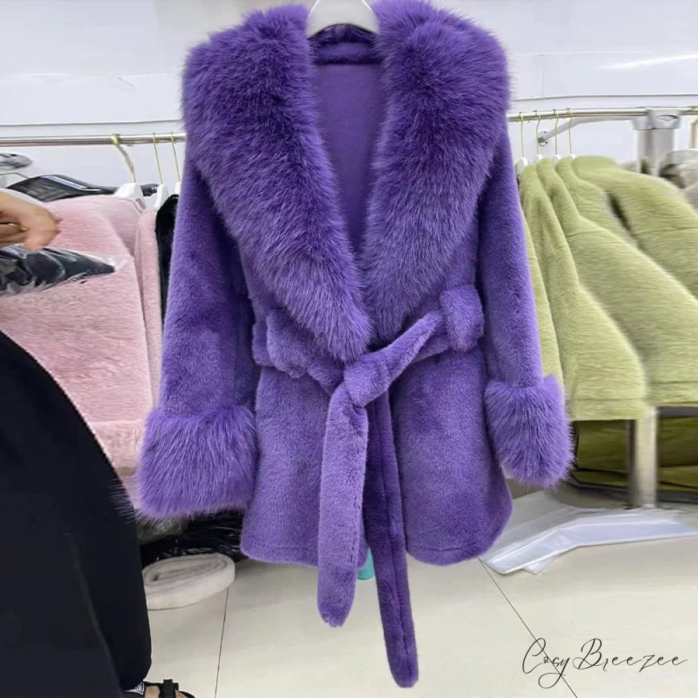 Vintage Fox Fur Belted Luxury Coat Dark Violet / L coats-241228