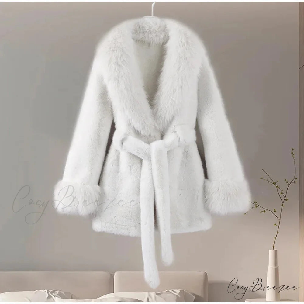 Vintage Fox Fur Belted Luxury Coat milky white / L coats-241228