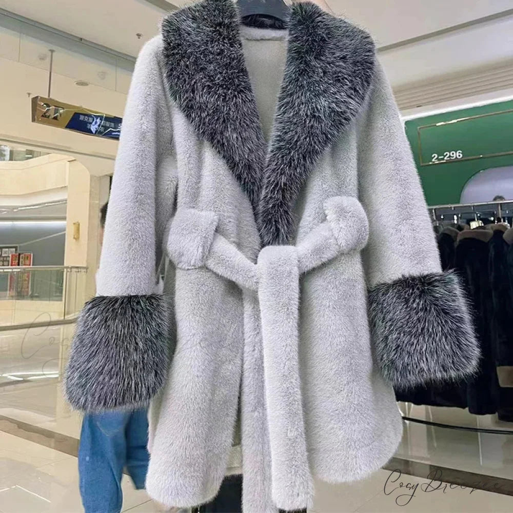 Vintage Fox Fur Belted Luxury Coat silver gray / L coats-241228