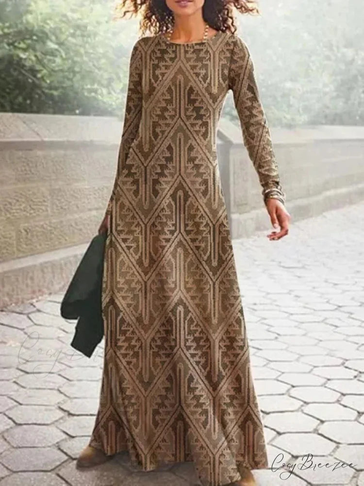 Vintage Geometric Print Long Sleeve Boho Dress Amber colour / S