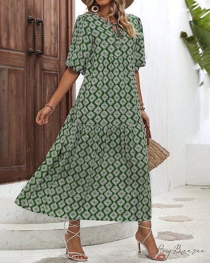 Vintage geometric print maxi dress Green / S