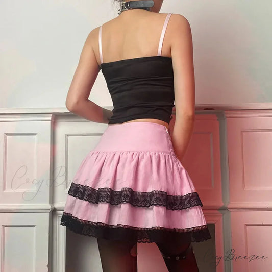 Vintage Gothic New Academy Style Pink Double Lace Stitched Skirt