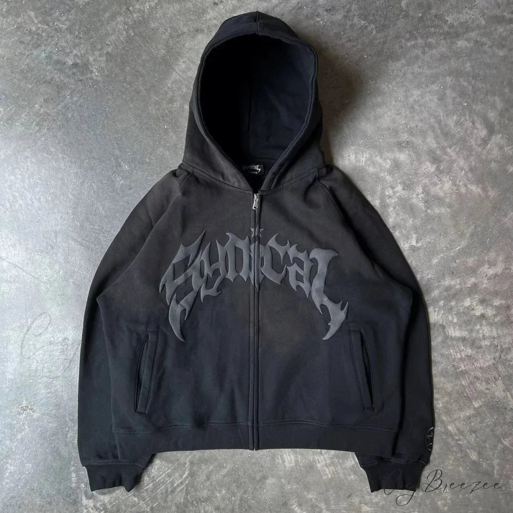 Vintage Gothic Printed Zipper Hoodie black / M hoodies-241228