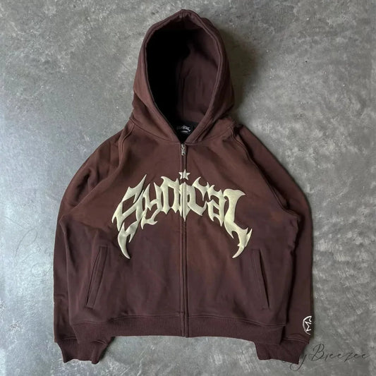 Vintage Gothic Printed Zipper Hoodie brown / M hoodies-241228