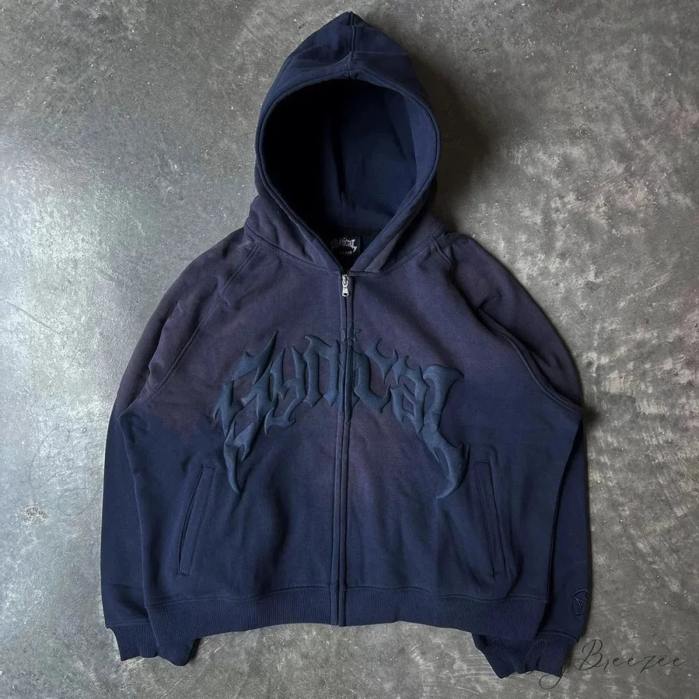 Vintage Gothic Printed Zipper Hoodie navy / M hoodies-241228