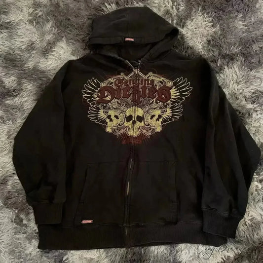 Vintage Gothic Skull Zip-Up Hoodie black 1 / S hoodies-241228