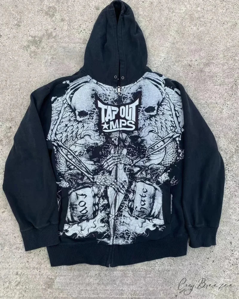 Vintage Gothic Skull Zip-Up Hoodie black 2 / S hoodies-241228