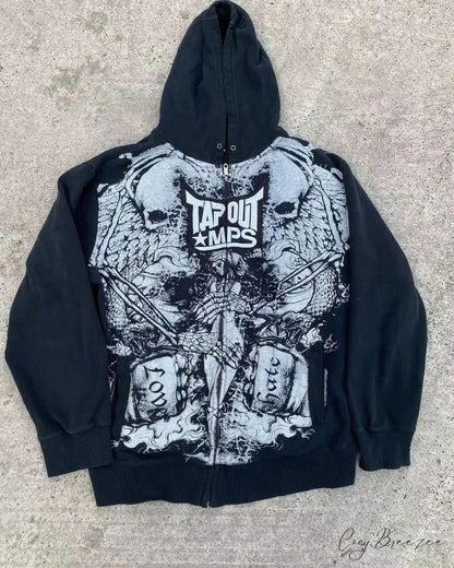 Vintage Gothic Skull Zip-Up Hoodie black 2 / S hoodies-241228