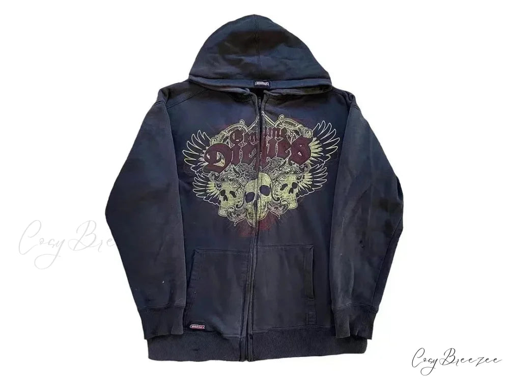 Vintage Gothic Skull Zip-Up Hoodie hoodies-241228