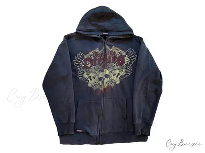 Vintage Gothic Skull Zip-Up Hoodie hoodies-241228