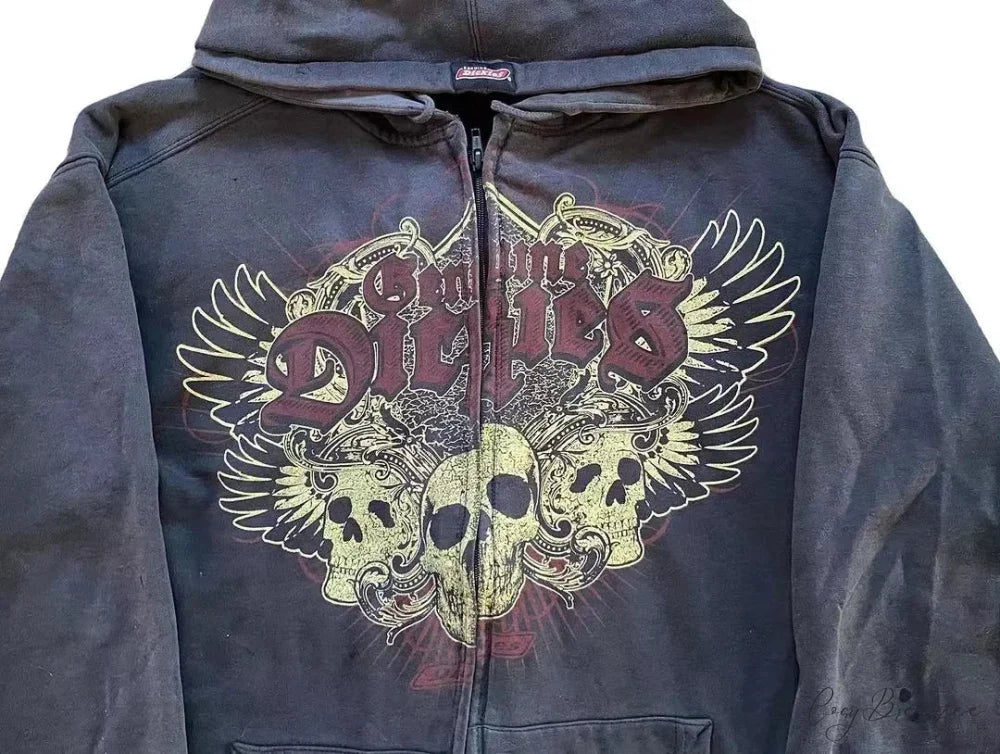 Vintage Gothic Skull Zip-Up Hoodie hoodies-241228