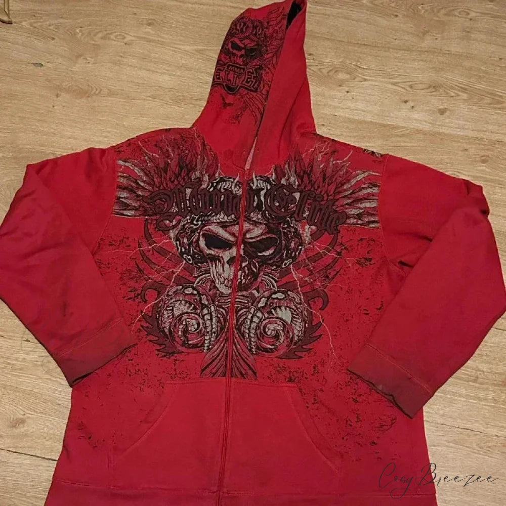 Vintage Gothic Skull Zip-Up Hoodie red / S hoodies-241228
