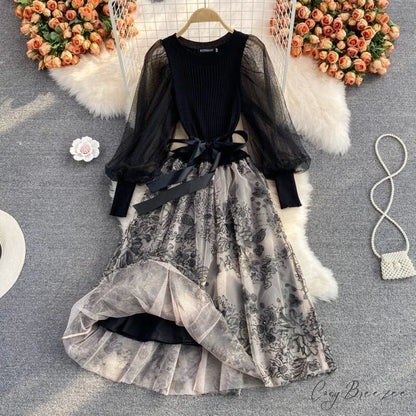 Vintage Gown Printing Round Puff Gown Ladies Bandage Knitted A Party Neck Mesh Arm Stitching Elegant Women’s Line Dress