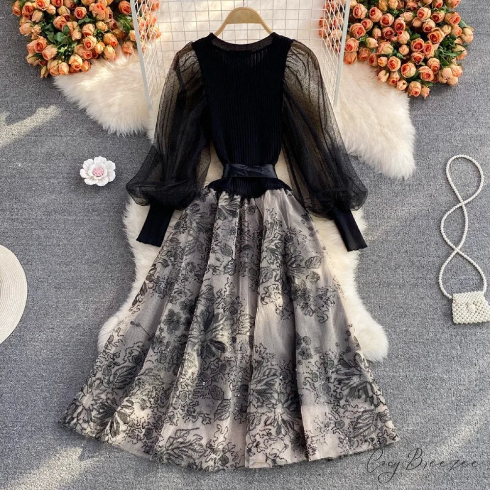 Vintage Gown Printing Round Puff Gown Ladies Bandage Knitted A Party Neck Mesh Arm Stitching Elegant Women’s Line Dress