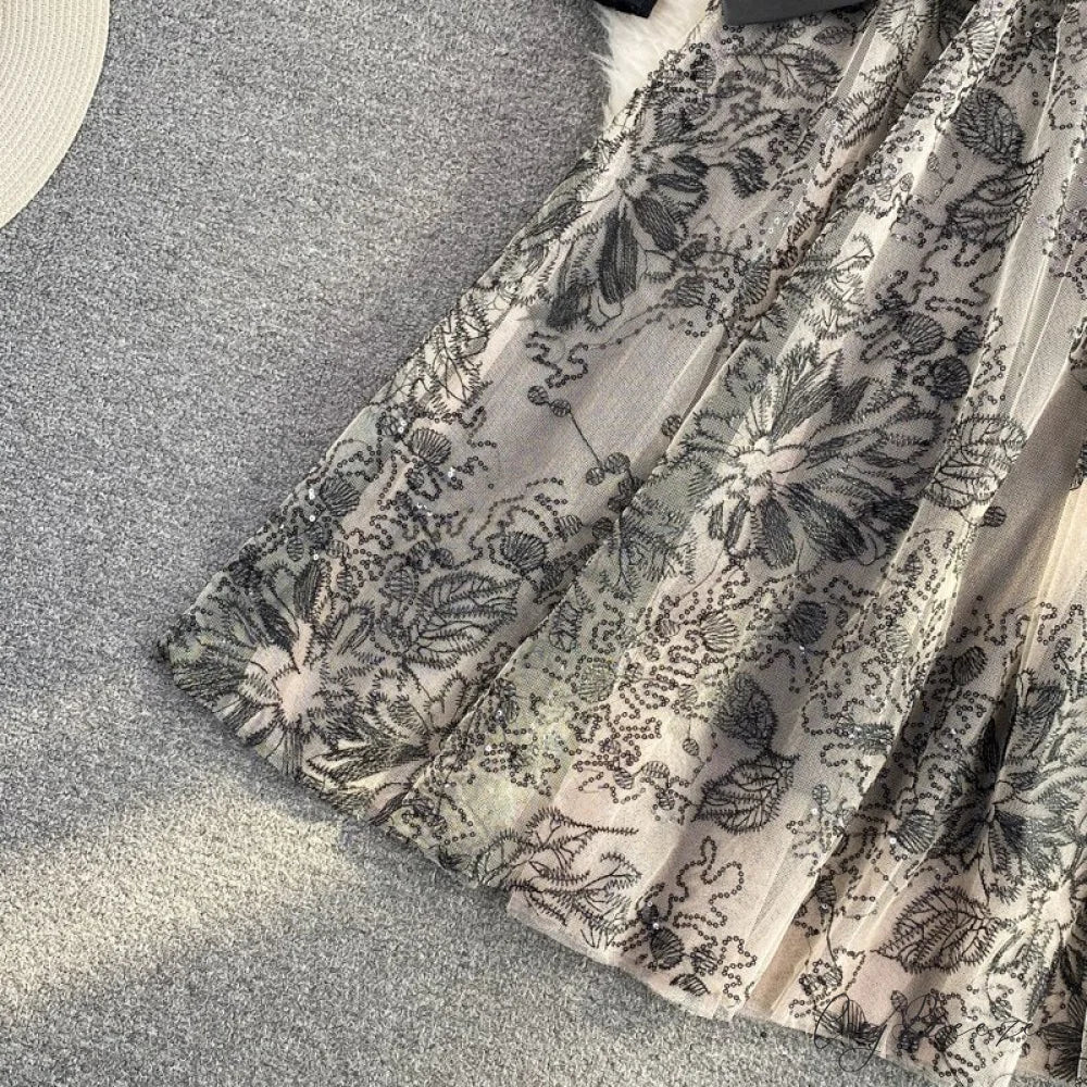 Vintage Gown Printing Round Puff Gown Ladies Bandage Knitted A Party Neck Mesh Arm Stitching Elegant Women’s Line Dress