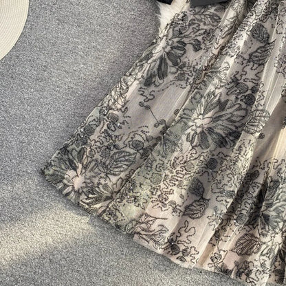 Vintage Gown Printing Round Puff Gown Ladies Bandage Knitted A Party Neck Mesh Arm Stitching Elegant Women’s Line Dress